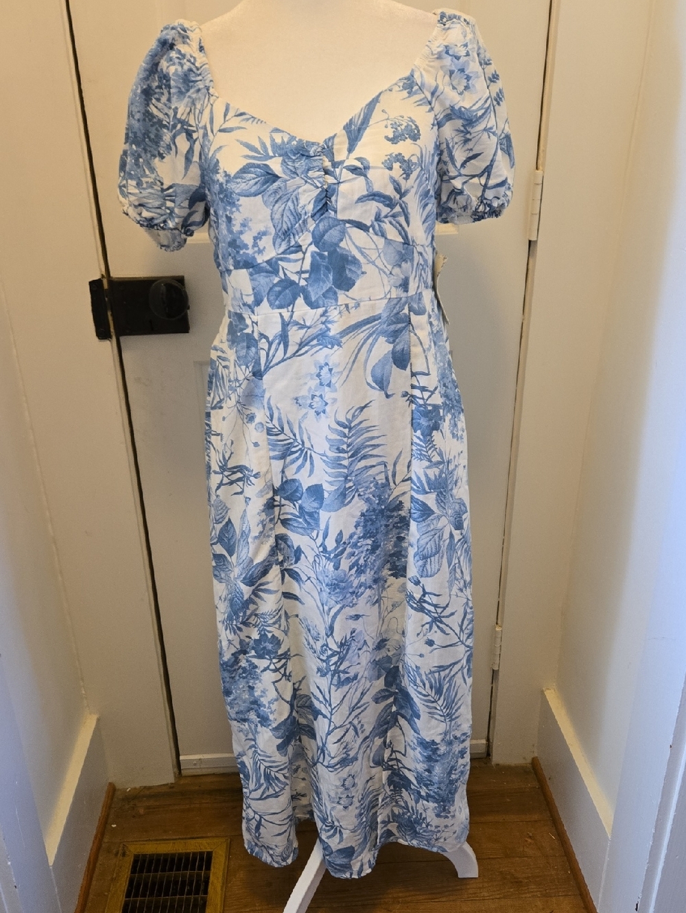 Blue Floral Puff Sleeve Midi Dress - Women's Size M